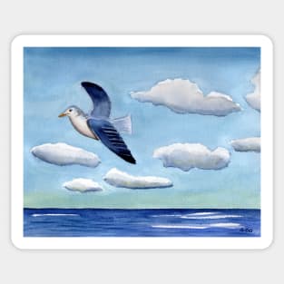 Seagull over the Ocean Whimsical Watercolor Art Sticker